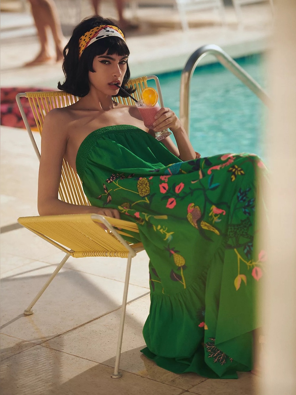 Anthropologie Size M Strapless Ruffled Tropical Floral Embroidered Maxi Dress